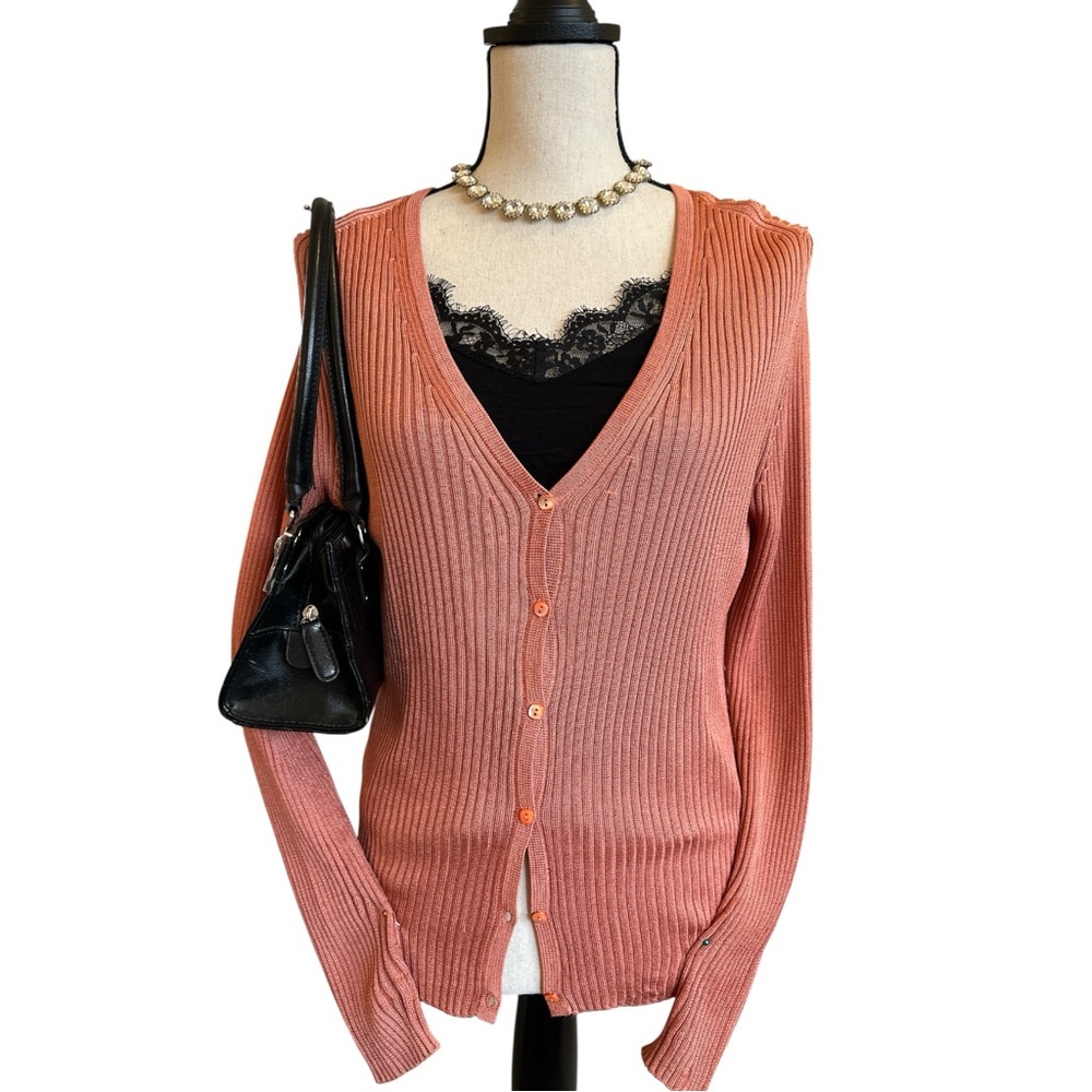 Vintage Mark Shale 100% Silk Ribbed Coral Cardigan Sweater | Medium